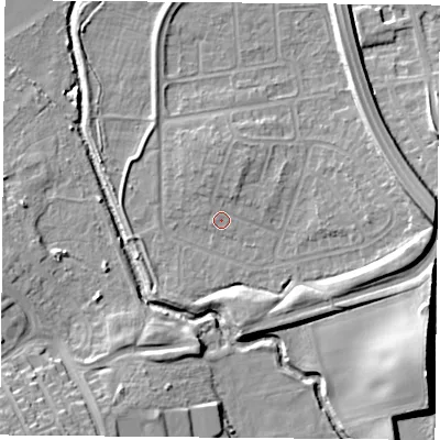 Shaded relief map of the ground around NG117EE, computed from Environment Agency LiDAR. The ground here sits at about 27 m above sea level and falls 15 m across the surrounding 800 m. Surface water reaching this point runs off ground lying to the north-north-east, 1.7 m higher.