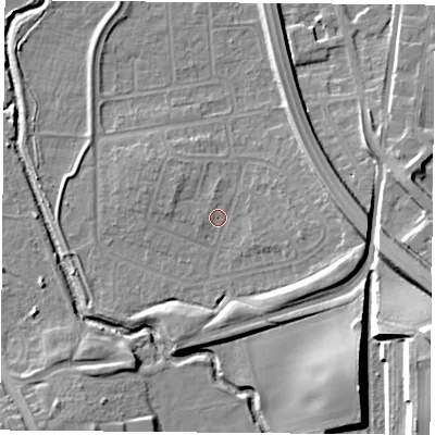 Shaded relief map of the ground around NG117EH, computed from Environment Agency LiDAR. The ground here sits at about 27 m above sea level and falls 18 m across the surrounding 800 m. Surface water reaching this point runs off ground lying to the north-north-west, 1.0 m higher.