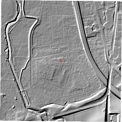 Shaded relief map of the ground around NG117EJ, computed from Environment Agency LiDAR. The ground here sits at about 27 m above sea level and falls 16 m across the surrounding 800 m. Surface water reaching this point runs off ground lying to the west-south-west, 1.5 m higher.