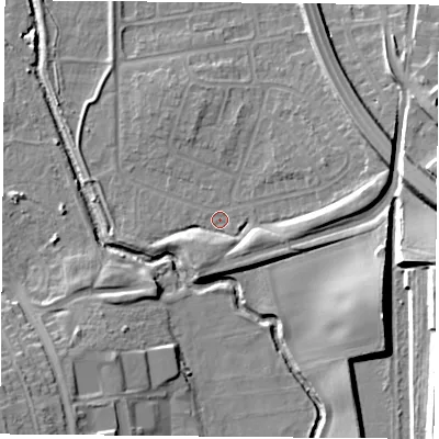Shaded relief map of the ground around NG117EN, computed from Environment Agency LiDAR. The ground here sits at about 27 m above sea level and falls 16 m across the surrounding 800 m. Surface water reaching this point runs off ground lying to the south-south-west, 4.3 m higher.