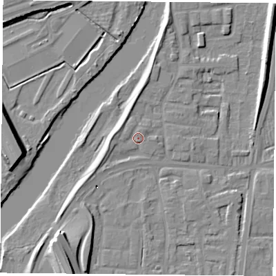 Shaded relief map of the ground around NG117EQ, computed from Environment Agency LiDAR. The ground here sits at about 26 m above sea level and falls 22 m across the surrounding 800 m. Surface water reaching this point runs off ground lying to the north-north-east, 1.1 m higher.