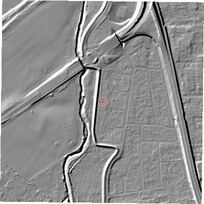 Shaded relief map of the ground around NG117ET, computed from Environment Agency LiDAR. The ground here sits at about 25 m above sea level and falls 12 m across the surrounding 800 m. Surface water reaching this point runs off ground lying to the south-west, 2.4 m higher.