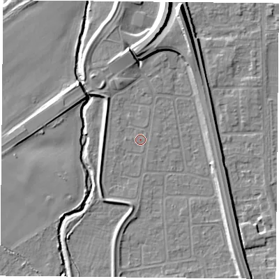 Shaded relief map of the ground around NG117EU, computed from Environment Agency LiDAR. The ground here sits at about 25 m above sea level and falls 12 m across the surrounding 800 m. Surface water reaching this point runs off ground lying to the north, 4.0 m higher.