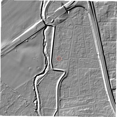 Shaded relief map of the ground around NG117EW, computed from Environment Agency LiDAR. The ground here sits at about 25 m above sea level and falls 9 m across the surrounding 800 m. Surface water reaching this point runs off ground lying to the south-south-east, 2.3 m higher.