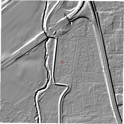 Shaded relief map of the ground around NG117EX, computed from Environment Agency LiDAR. The ground here sits at about 25 m above sea level and falls 12 m across the surrounding 800 m. Surface water reaching this point runs off ground lying to the north-east, 0.9 m higher.