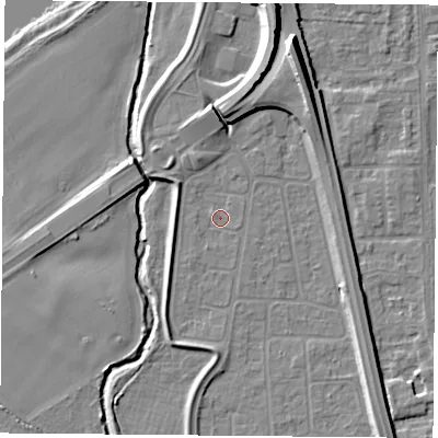 Shaded relief map of the ground around NG117EY, computed from Environment Agency LiDAR. The ground here sits at about 25 m above sea level and falls 12 m across the surrounding 800 m. Surface water reaching this point runs off ground lying to the north, 2.6 m higher.