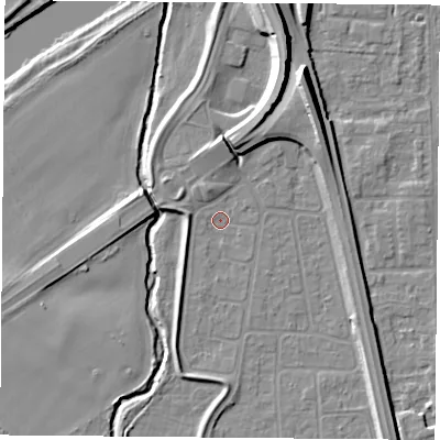 Shaded relief map of the ground around NG117EZ, computed from Environment Agency LiDAR. The ground here sits at about 25 m above sea level and falls 12 m across the surrounding 800 m. Surface water reaching this point runs off ground lying to the north, 2.6 m higher.