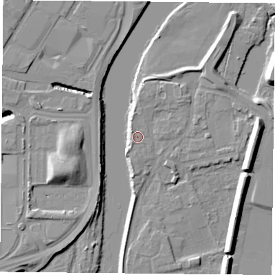 Shaded relief map of the ground around NG117FA, computed from Environment Agency LiDAR. The ground here sits at about 25 m above sea level and falls 11 m across the surrounding 800 m. Surface water reaching this point runs off ground lying to the north, 1.6 m higher.