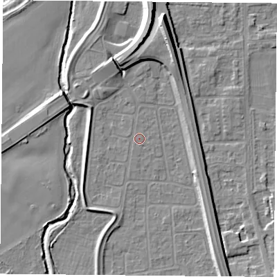 Shaded relief map of the ground around NG117FB, computed from Environment Agency LiDAR. The ground here sits at about 25 m above sea level and falls 12 m across the surrounding 800 m. Surface water reaching this point runs off ground lying to the north-north-west, 2.6 m higher.