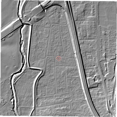 Shaded relief map of the ground around NG117FD, computed from Environment Agency LiDAR. The ground here sits at about 25 m above sea level and falls 11 m across the surrounding 800 m. Surface water reaching this point runs off ground lying to the south-west, 2.3 m higher.