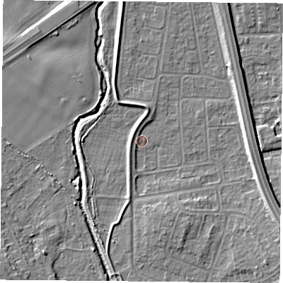 Shaded relief map of the ground around NG117FE, computed from Environment Agency LiDAR. The ground here sits at about 26 m above sea level and falls 10 m across the surrounding 800 m. Surface water reaching this point runs off ground lying to the south-west, 1.1 m higher.