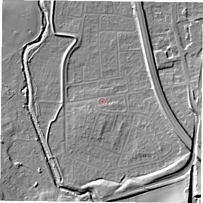 Shaded relief map of the ground around NG117FG, computed from Environment Agency LiDAR. The ground here sits at about 27 m above sea level and falls 14 m across the surrounding 800 m. Surface water reaching this point runs off ground lying to the south-south-west, 2.3 m higher.