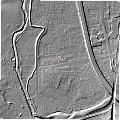 Shaded relief map of the ground around NG117FH, computed from Environment Agency LiDAR. The ground here sits at about 26 m above sea level and falls 14 m across the surrounding 800 m. Surface water reaching this point runs off ground lying to the south-south-west, 2.4 m higher.