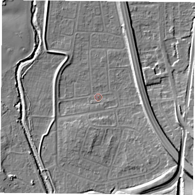Shaded relief map of the ground around NG117FJ, computed from Environment Agency LiDAR. The ground here sits at about 26 m above sea level and falls 15 m across the surrounding 800 m. Surface water reaching this point runs off ground lying to the south-west, 1.2 m higher.