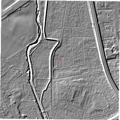 Shaded relief map of the ground around NG117FL, computed from Environment Agency LiDAR. The ground here sits at about 25 m above sea level and falls 11 m across the surrounding 800 m. Surface water reaching this point runs off ground lying to the south-east, 4.2 m higher.