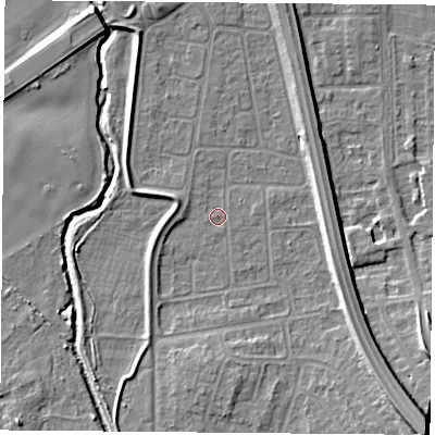 Shaded relief map of the ground around NG117FN, computed from Environment Agency LiDAR. The ground here sits at about 25 m above sea level and falls 13 m across the surrounding 800 m. Surface water reaching this point runs off ground lying to the south-east, 9.8 m higher.