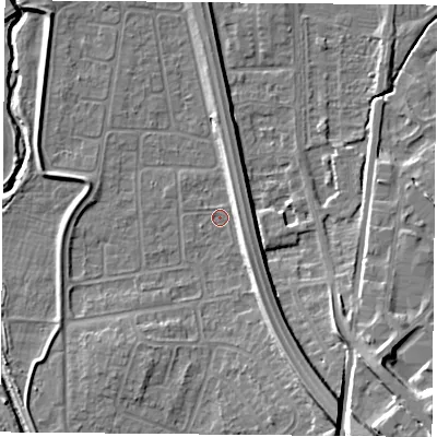 Shaded relief map of the ground around NG117FQ, computed from Environment Agency LiDAR. The ground here sits at about 25 m above sea level and falls 14 m across the surrounding 800 m. Surface water reaching this point runs off ground lying to the south-south-east, 9.3 m higher.