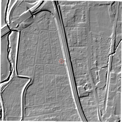 Shaded relief map of the ground around NG117FR, computed from Environment Agency LiDAR. The ground here sits at about 25 m above sea level and falls 11 m across the surrounding 800 m. Surface water reaching this point runs off ground lying to the north, 7.7 m higher.