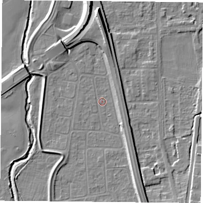 Shaded relief map of the ground around NG117FT, computed from Environment Agency LiDAR. The ground here sits at about 25 m above sea level and falls 12 m across the surrounding 800 m. Surface water reaching this point runs off ground lying to the north-west, 4.0 m higher.