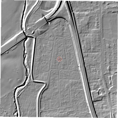 Shaded relief map of the ground around NG117FU, computed from Environment Agency LiDAR. The ground here sits at about 25 m above sea level and falls 12 m across the surrounding 800 m. Surface water reaching this point runs off ground lying to the south-west, 2.1 m higher.