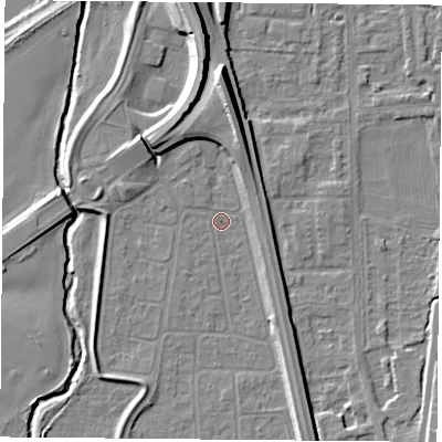 Shaded relief map of the ground around NG117FW, computed from Environment Agency LiDAR. The ground here sits at about 25 m above sea level and falls 12 m across the surrounding 800 m. Surface water reaching this point runs off ground lying to the north-west, 5.6 m higher.