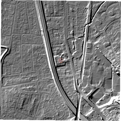 Shaded relief map of the ground around NG117FZ, computed from Environment Agency LiDAR. The ground here sits at about 27 m above sea level and falls 22 m across the surrounding 800 m. Surface water reaching this point runs off ground lying to the east-south-east, 1.8 m higher.