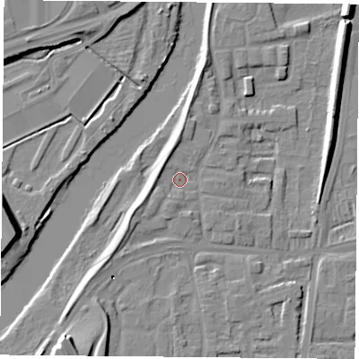 Shaded relief map of the ground around NG117GA, computed from Environment Agency LiDAR. The ground here sits at about 25 m above sea level and falls 22 m across the surrounding 800 m. Surface water reaching this point runs off ground lying to the west-south-west, 2.2 m higher.