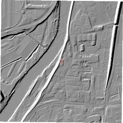 Shaded relief map of the ground around NG117GB, computed from Environment Agency LiDAR. The ground here sits at about 26 m above sea level and falls 22 m across the surrounding 800 m. Surface water reaching this point runs off ground lying to the south-west, 2.1 m higher.