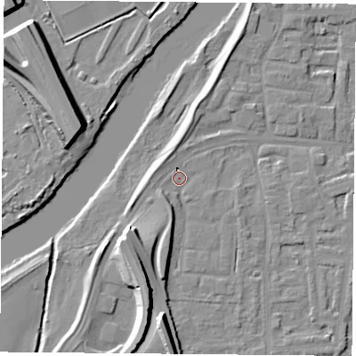 Shaded relief map of the ground around NG117GD, computed from Environment Agency LiDAR. The ground here sits at about 25 m above sea level and falls 22 m across the surrounding 800 m. Surface water reaching this point runs off ground lying to the south, 16.7 m higher.