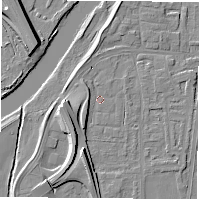 Shaded relief map of the ground around NG117GQ, computed from Environment Agency LiDAR. The ground here sits at about 25 m above sea level and falls 22 m across the surrounding 800 m. Surface water reaching this point runs off ground lying to the west, 17.3 m higher.
