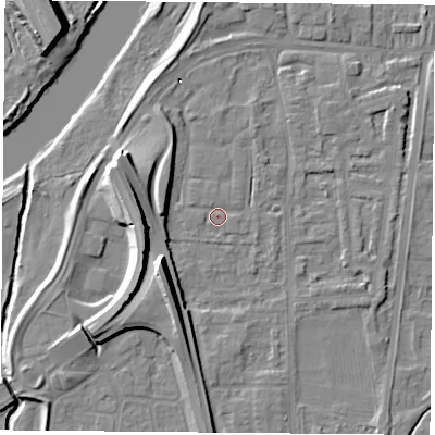Shaded relief map of the ground around NG117GU, computed from Environment Agency LiDAR. The ground here sits at about 25 m above sea level and falls 22 m across the surrounding 800 m. Surface water reaching this point runs off ground lying to the west-north-west, 18.4 m higher.