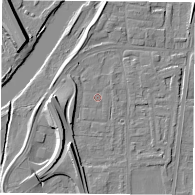 Shaded relief map of the ground around NG117GX, computed from Environment Agency LiDAR. The ground here sits at about 25 m above sea level and falls 22 m across the surrounding 800 m. Surface water reaching this point runs off ground lying to the north, 1.1 m higher.
