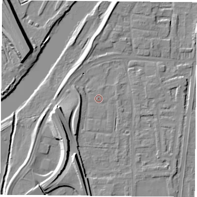 Shaded relief map of the ground around NG117GY, computed from Environment Agency LiDAR. The ground here sits at about 25 m above sea level and falls 22 m across the surrounding 800 m. Surface water reaching this point runs off ground lying to the north-north-east, 0.9 m higher.