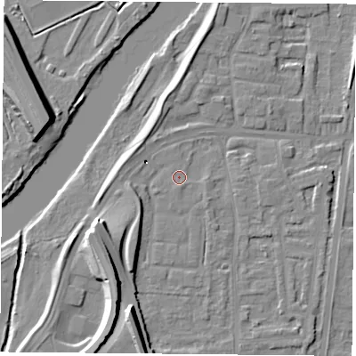 Shaded relief map of the ground around NG117GZ, computed from Environment Agency LiDAR. The ground here sits at about 25 m above sea level and falls 22 m across the surrounding 800 m. Surface water reaching this point runs off ground lying to the west-south-west, 0.6 m higher.