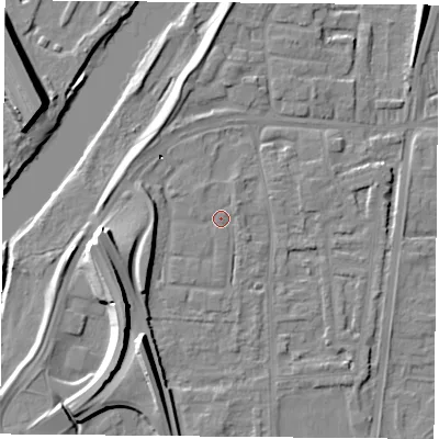Shaded relief map of the ground around NG117HA, computed from Environment Agency LiDAR. The ground here sits at about 25 m above sea level and falls 22 m across the surrounding 800 m. Surface water reaching this point runs off ground lying to the north-north-west, 1.1 m higher.