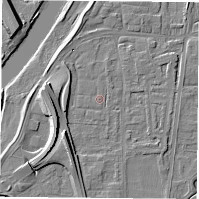 Shaded relief map of the ground around NG117HB, computed from Environment Agency LiDAR. The ground here sits at about 25 m above sea level and falls 22 m across the surrounding 800 m. Surface water reaching this point runs off ground lying to the north, 1.1 m higher.