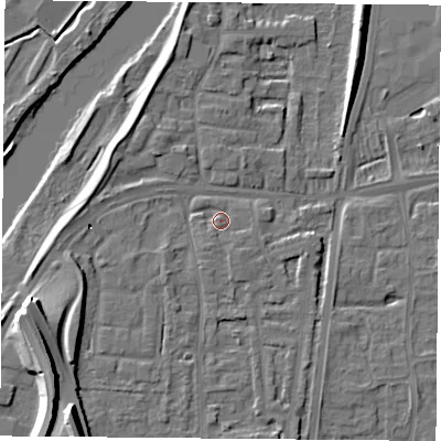 Shaded relief map of the ground around NG117HD, computed from Environment Agency LiDAR. The ground here sits at about 25 m above sea level and falls 22 m across the surrounding 800 m. Surface water reaching this point runs off ground lying to the south-south-west, 1.4 m higher.