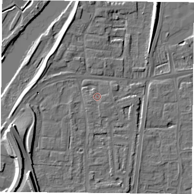 Shaded relief map of the ground around NG117HE, computed from Environment Agency LiDAR. The ground here sits at about 25 m above sea level and falls 22 m across the surrounding 800 m. Surface water reaching this point runs off ground lying to the south-west, 1.1 m higher.