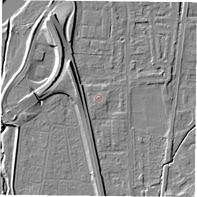 Shaded relief map of the ground around NG117HF, computed from Environment Agency LiDAR. The ground here sits at about 26 m above sea level and falls 12 m across the surrounding 800 m. Surface water reaching this point runs off ground lying to the south-east, 1.0 m higher.