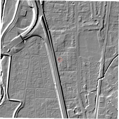 Shaded relief map of the ground around NG117HG, computed from Environment Agency LiDAR. The ground here sits at about 25 m above sea level and falls 12 m across the surrounding 800 m. Surface water reaching this point runs off ground lying to the north-north-west, 4.8 m higher.