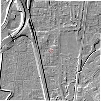 Shaded relief map of the ground around NG117HH, computed from Environment Agency LiDAR. The ground here sits at about 25 m above sea level and falls 12 m across the surrounding 800 m. Surface water reaching this point runs off ground lying to the west-north-west, 2.5 m higher.