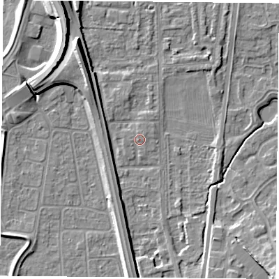 Shaded relief map of the ground around NG117HJ, computed from Environment Agency LiDAR. The ground here sits at about 26 m above sea level and falls 12 m across the surrounding 800 m. Surface water reaching this point runs off ground lying to the north-north-west, 0.6 m higher.