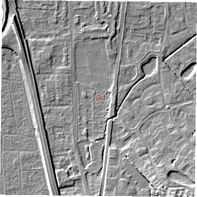 Shaded relief map of the ground around NG117HN, computed from Environment Agency LiDAR. The ground here sits at about 25 m above sea level and falls 13 m across the surrounding 800 m. Surface water reaching this point runs off ground lying to the south, 4.6 m higher.