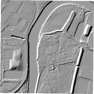 Shaded relief map of the ground around NG117HR, computed from Environment Agency LiDAR. The ground here sits at about 25 m above sea level and falls 11 m across the surrounding 800 m. Surface water reaching this point runs off ground lying to the north-north-west, 1.8 m higher.