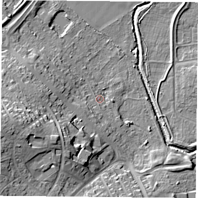 Shaded relief map of the ground around NG118HB, computed from Environment Agency LiDAR. The ground here sits at about 28 m above sea level and falls 24 m across the surrounding 800 m. Surface water reaching this point runs off ground lying to the west-south-west, 20.3 m higher.