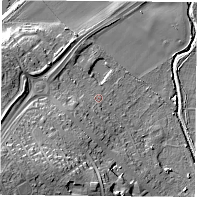Shaded relief map of the ground around NG118HG, computed from Environment Agency LiDAR. The ground here sits at about 29 m above sea level and falls 29 m across the surrounding 800 m. Surface water reaching this point runs off ground lying to the south-west, 6.7 m higher.