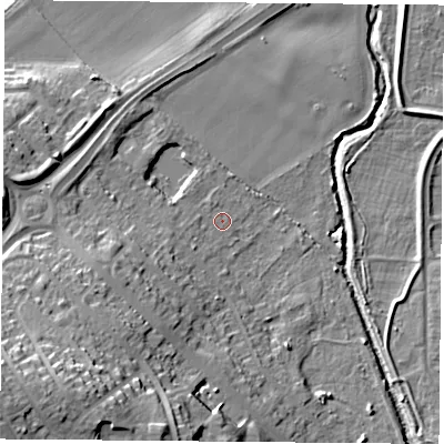 Shaded relief map of the ground around NG118HH, computed from Environment Agency LiDAR. The ground here sits at about 27 m above sea level and falls 27 m across the surrounding 800 m. Surface water reaching this point runs off ground lying to the west-south-west, 5.1 m higher.