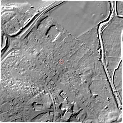 Shaded relief map of the ground around NG118HJ, computed from Environment Agency LiDAR. The ground here sits at about 28 m above sea level and falls 26 m across the surrounding 800 m. Surface water reaching this point runs off ground lying to the west-south-west, 6.6 m higher.