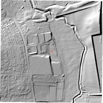 Shaded relief map of the ground around NG118JW, computed from Environment Agency LiDAR. The ground here sits at about 28 m above sea level and falls 17 m across the surrounding 800 m. Surface water reaching this point runs off ground lying to the west-north-west, 5.6 m higher.