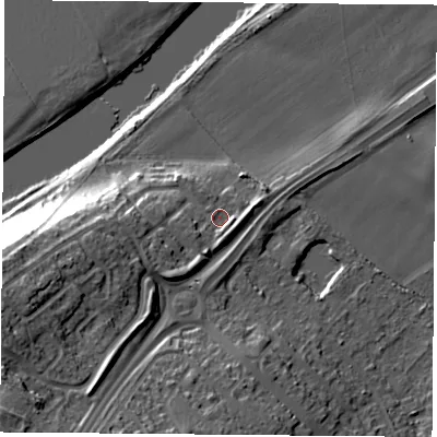 Shaded relief map of the ground around NG118PD, computed from Environment Agency LiDAR. The ground here sits at about 29 m above sea level and falls 32 m across the surrounding 800 m. Surface water reaching this point runs off ground lying to the south-west, 6.8 m higher.
